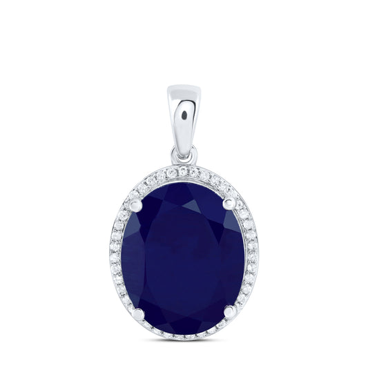 12.71 Ctw Natural Diamond Blue Sapphire Oval Gift Pendant in 10k White Gold