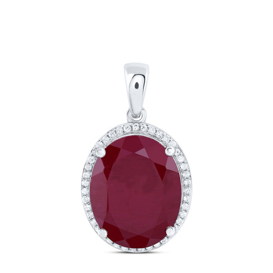 11.95 Ctw Natural Diamond Red Ruby Oval Gift Pendant in 10k White Gold