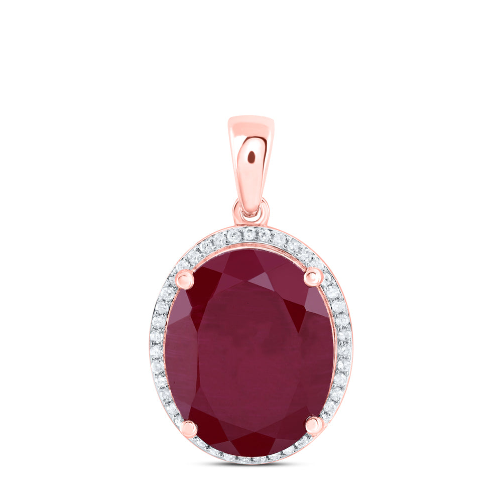 12.22 Ctw Natural Diamond Red Ruby Oval Gift Pendant in 10k Rose Gold