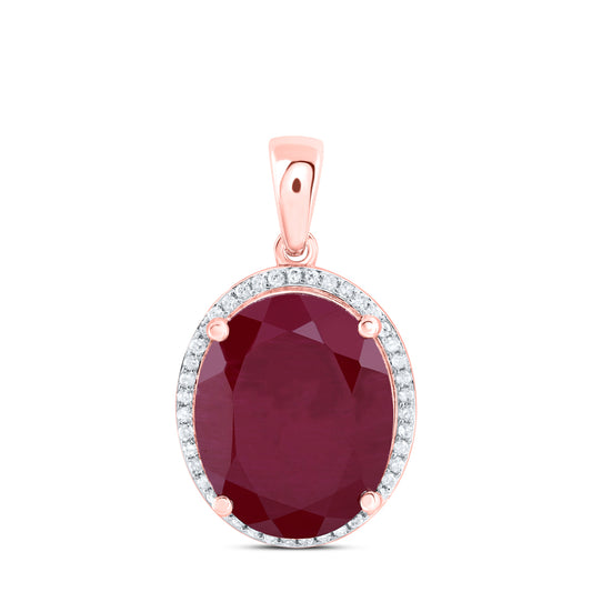 12.22 Ctw Natural Diamond Red Ruby Oval Gift Pendant in 10k Rose Gold