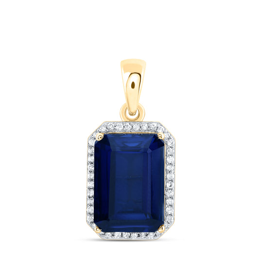 7.88 Ctw Natural Diamond Blue Sapphire Octagone Pendant in 10k Yellow Gold
