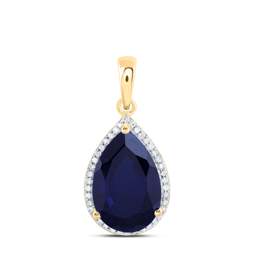 7.8 Ctw Natural Diamond Blue Sapphire Teardrop Pendant in 10k Yellow Gold