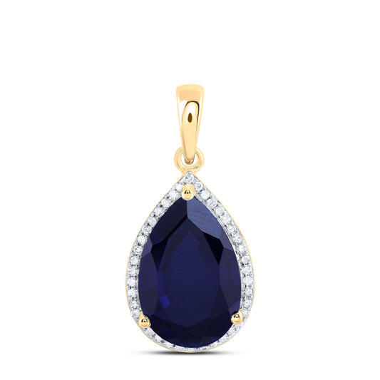 7.8 Ctw Natural Diamond Blue Sapphire Teardrop Pendant in 10k Yellow Gold