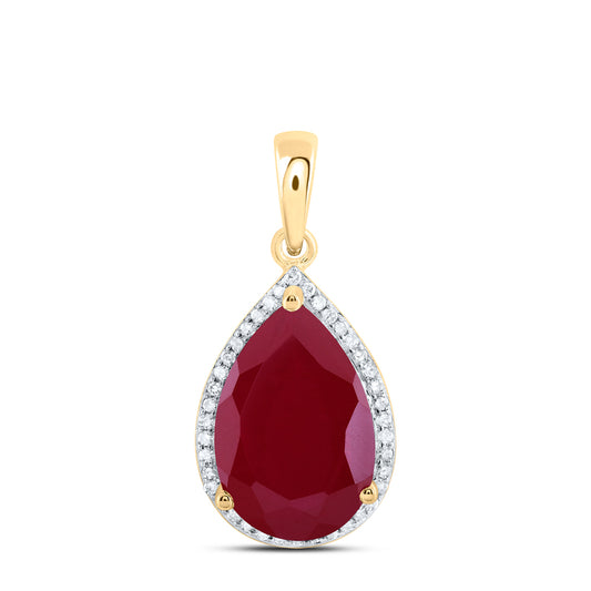 8.46 Ctw Natural Diamond Red Ruby Teardrop Pendant in 10k Yellow Gold