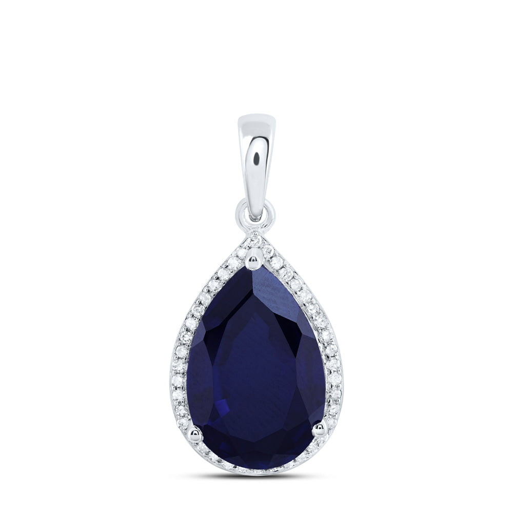 8.21 Ctw Natural Diamond Blue Sapphire Teardrop Pendant in 10k White Gold