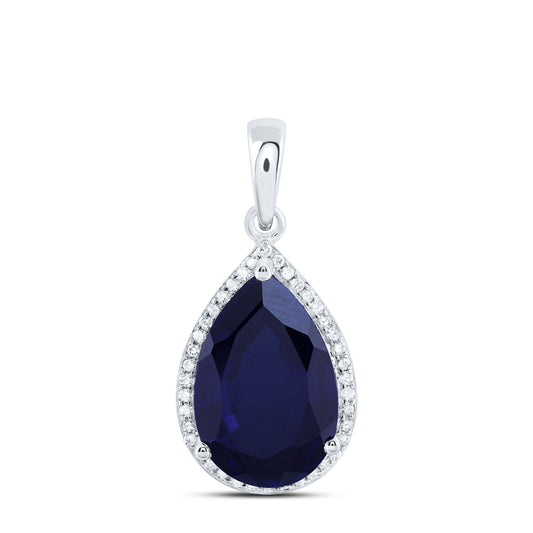 8.21 Ctw Natural Diamond Blue Sapphire Teardrop Pendant in 10k White Gold