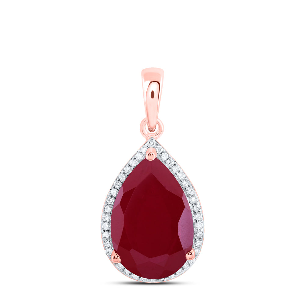 8.63 Ctw Natural Diamond Red Ruby Teardrop Pendant in 10k Rose Gold