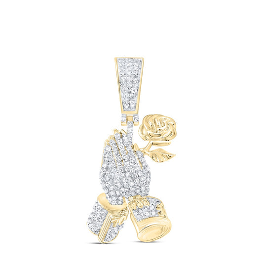 0.5 Ctw Natural Diamond Praying Hands Flower Pendant in 10k Yellow Gold
