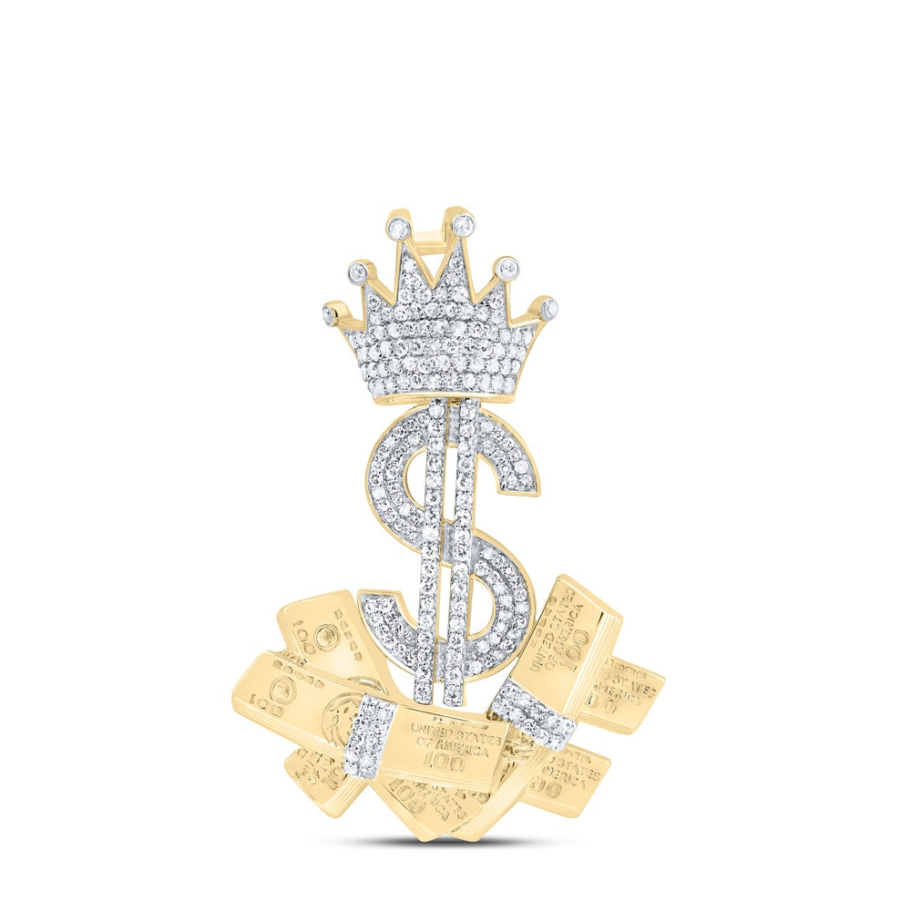 0.82 Ctw Natural Diamond Crown Dollar Sign Cash Money Pendant in 10k Yellow Gold
