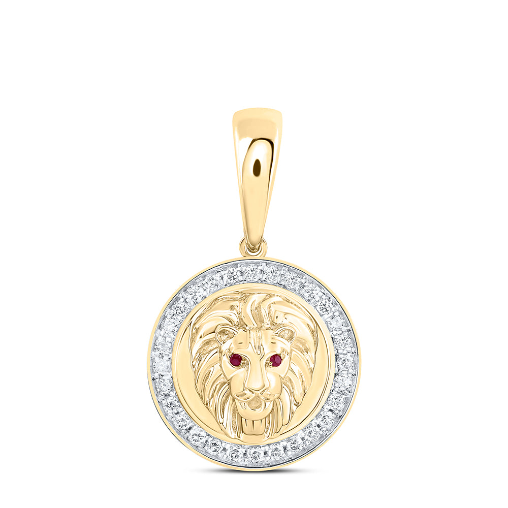 0.52 Ctw Natural Diamond Red Eyes Medalion Lion Pendant in 10k Yellow Gold