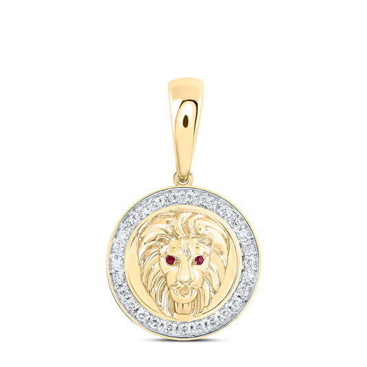 0.52 Ctw Natural Diamond Red Eyes Medalion Lion Pendant in 10k Yellow Gold