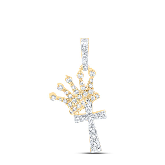 0.33 Ctw Natural Diamond Crown Cross Religious Pendant in 10k Yellow Gold
