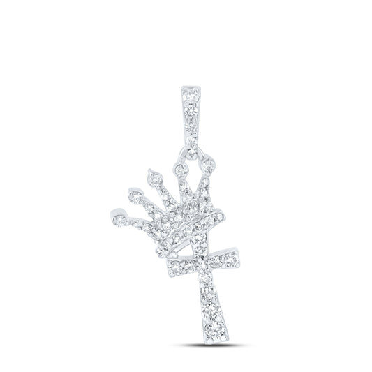 0.29 Ctw Natural Diamond Crown Cross Religious Pendant in 10k White Gold