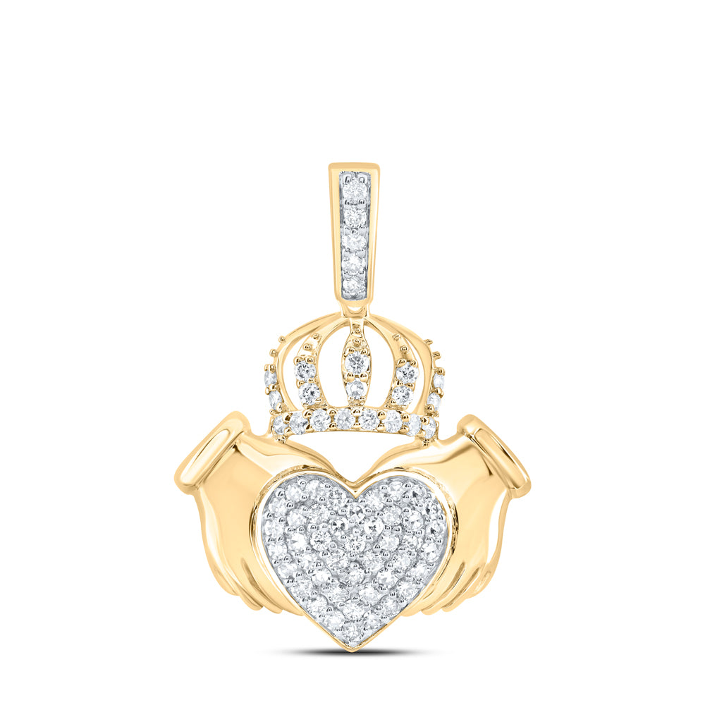 0.37 Ctw Natural Diamond Claddagh Heart Pendant in 10k Yellow Gold