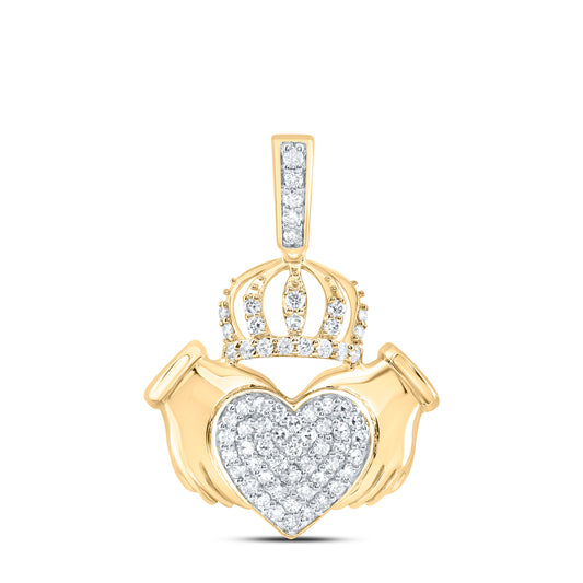 0.37 Ctw Natural Diamond Claddagh Heart Pendant in 10k Yellow Gold