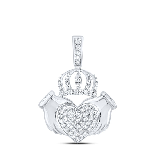 0.35 Ctw Natural Diamond Claddagh Heart Pendant in 10k White Gold
