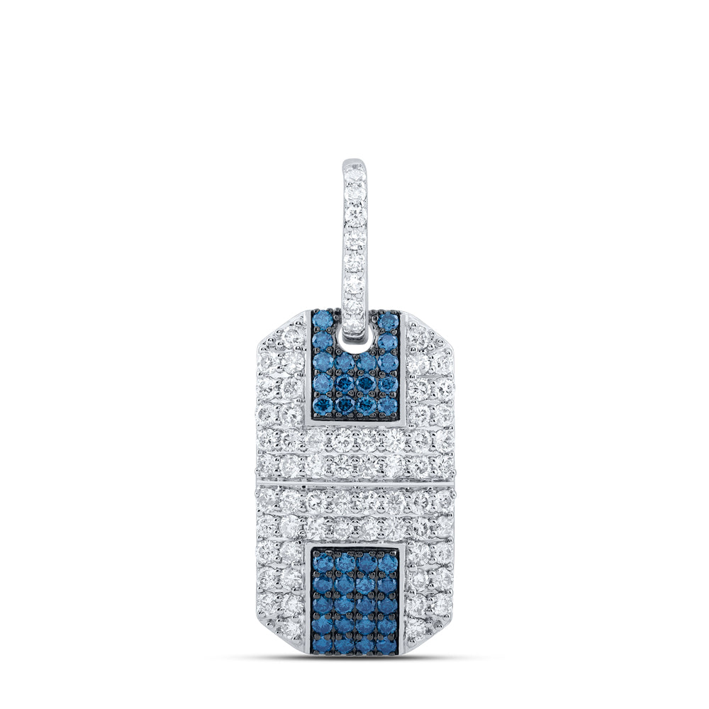 1.59 Ctw Natural Diamond Blue White Clustered Dogtag Pendant in 10k White Gold