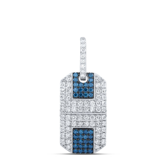 1.59 Ctw Natural Diamond Blue White Clustered Dogtag Pendant in 10k White Gold