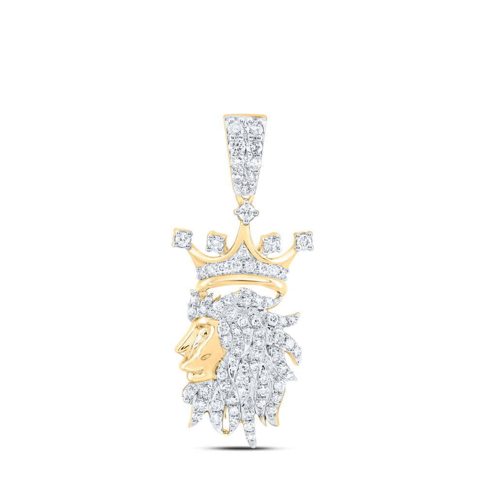 0.57 Ctw Natural Diamond Crown Lion Head Pendant in 10k Yellow Gold