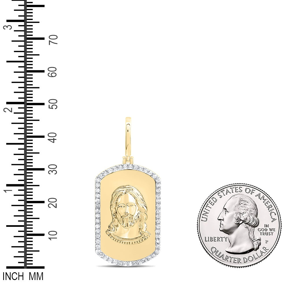 0.62 Ctw Natural Diamond Dogtag Jesus Head Pendant in 10k Yellow Gold