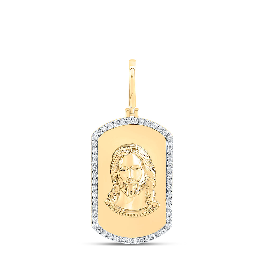 0.62 Ctw Natural Diamond Dogtag Jesus Head Pendant in 10k Yellow Gold