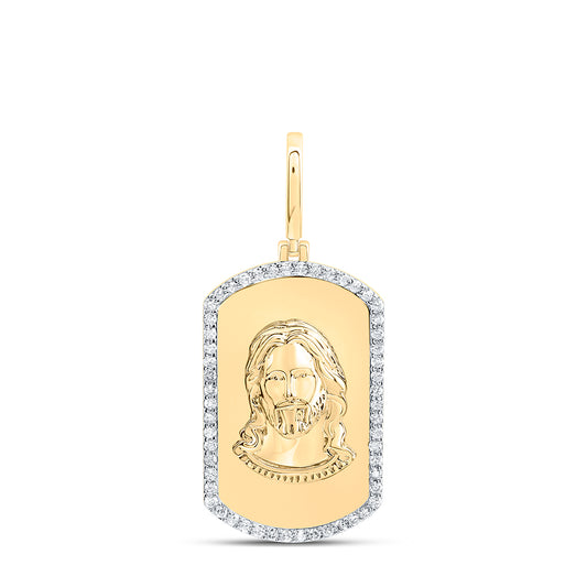 0.62 Ctw Natural Diamond Dogtag Jesus Head Pendant in 10k Yellow Gold