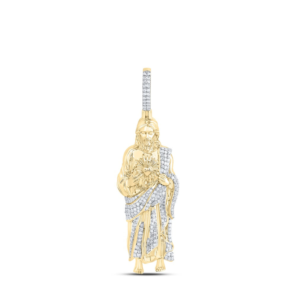1.13 Ctw Natural Diamond Full Body Jesus Heart Pendant in 10k Yellow Gold