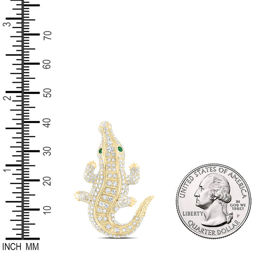 2.47 Ctw Natural Diamond Green Eyes Alligator Crocodile Brooch Pendant in 14k Yellow Gold