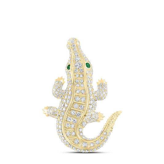 2.47 Ctw Natural Diamond Green Eyes Alligator Crocodile Brooch Pendant in 14k Yellow Gold