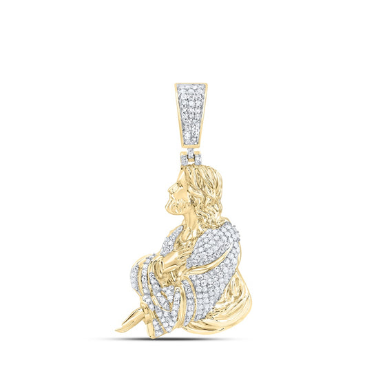 0.69 Ctw Natural Diamond Jesus Charm Pendant in 10k Yellow Gold
