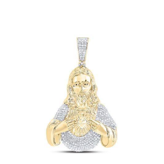 0.99 Ctw Natural Diamond Jesus Face Head Heart Pendant in 10k Yellow Gold