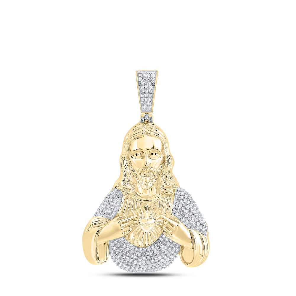 1.56 Ctw Natural Diamond Heart Jesus Piece Face Head Pendant in 10k Yellow Gold