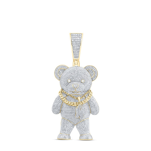7.48 Ctw Natural Diamond Teddy Bear W/ Chain Pendant in 10k Yellow Gold