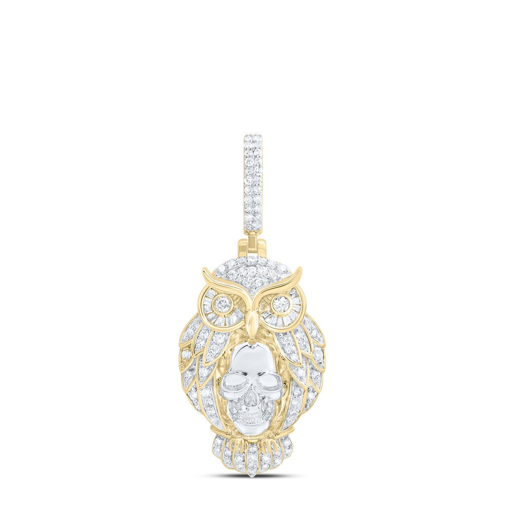 0.49 Ctw Natural Diamond Owl Animal Skull Pendant in 10k Yellow Gold