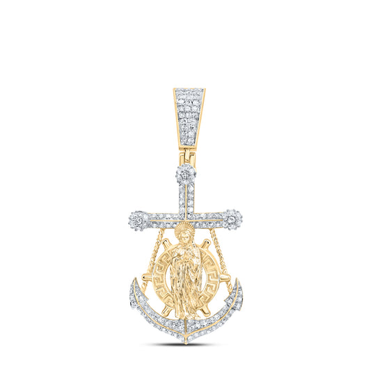 0.61 Ctw Natural Diamond Mother Mary On The Anchor Pendant in 10k Yellow Gold
