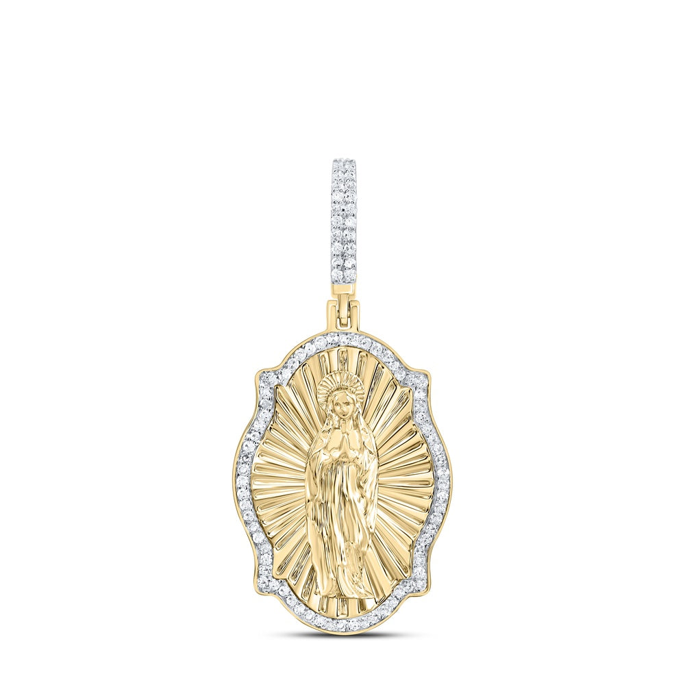 0.38 Ctw Natural Diamond Virgin Mother Mary Medallion Pendant in 10k Yellow Gold