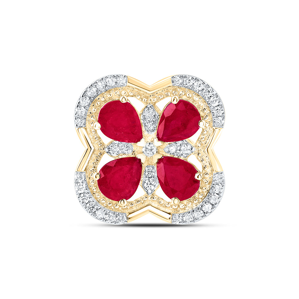 1.38 Ctw Natural Diamond Red Clover Flower Pendant in 14k Yellow Gold