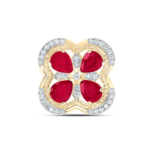 1.38 Ctw Natural Diamond Red Clover Flower Pendant in 14k Yellow Gold