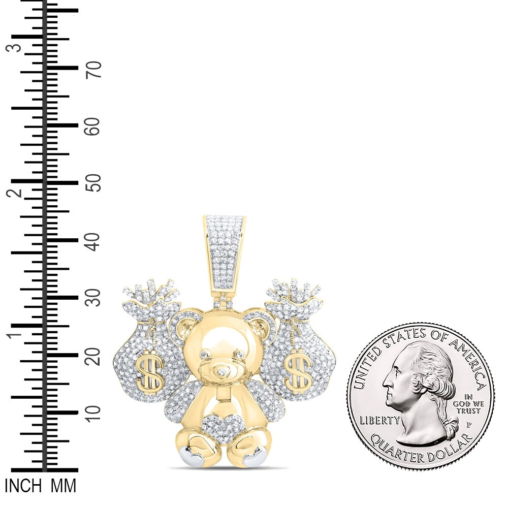 1.36 Ctw Natural Diamond Teddy Bear With Money Bag Pendant in 10K Yellow White