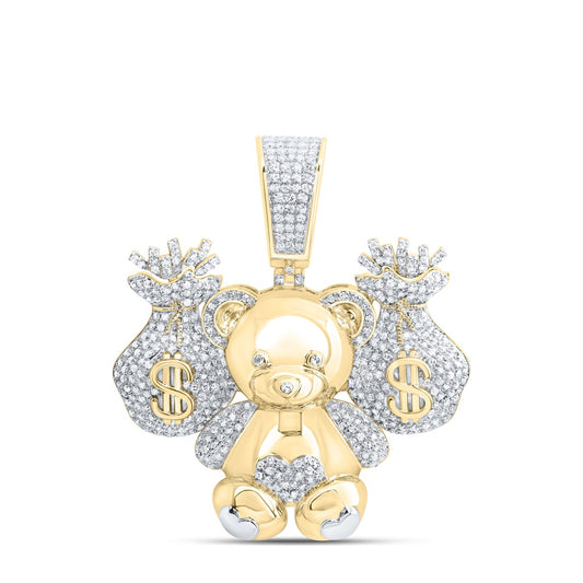 1.36 Ctw Natural Diamond Teddy Bear With Money Bag Pendant in 10K Yellow White