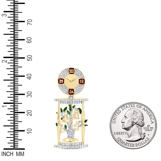 0.88 Ctw Natural Diamond Time is Money Bag Tree Clock Pendant in 10k Yellow Gold