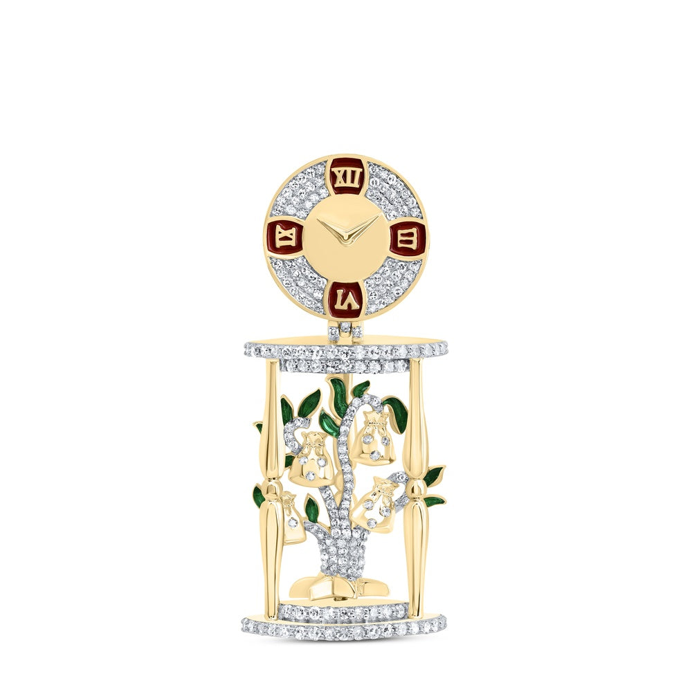 0.88 Ctw Natural Diamond Time is Money Bag Tree Clock Pendant in 10k Yellow Gold