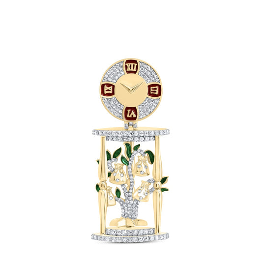 0.88 Ctw Natural Diamond Time is Money Bag Tree Clock Pendant in 10k Yellow Gold