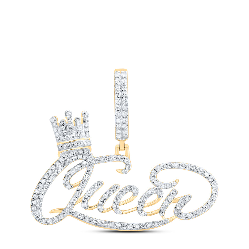 0.97 Ctw Natural Diamond Crown Queen Nameplate Pendant in 10k Yellow Gold
