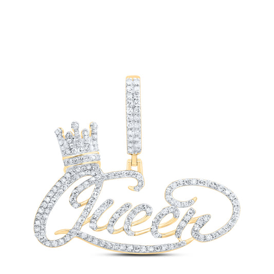 0.97 Ctw Natural Diamond Crown Queen Nameplate Pendant in 10k Yellow Gold