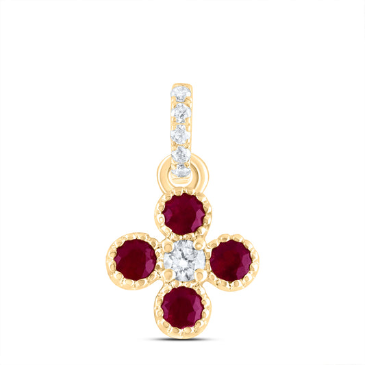0.27 Ctw Natural Diamond Red Stone Flower Pendant in 14k Yellow Gold