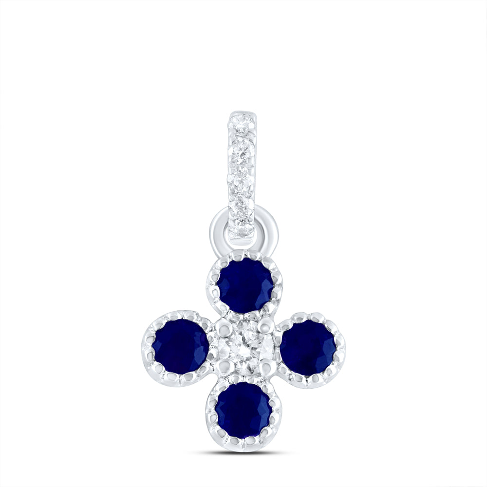 0.27 Ctw Natural Diamond Blue Stone Flower Pendant in 14k White Gold