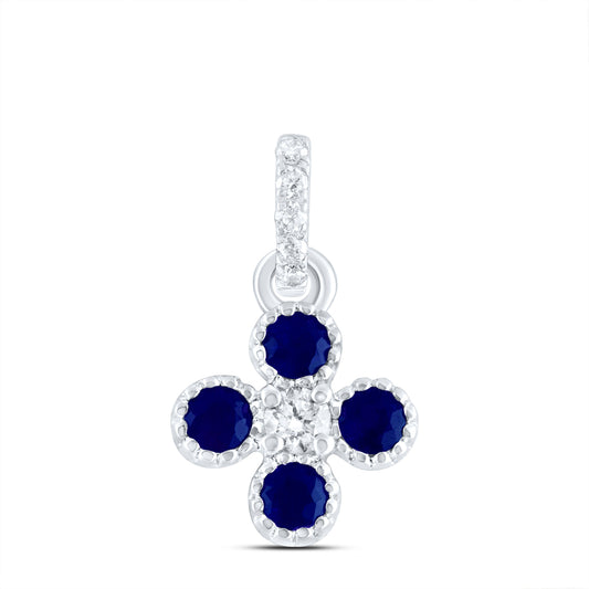 0.27 Ctw Natural Diamond Blue Stone Flower Pendant in 14k White Gold