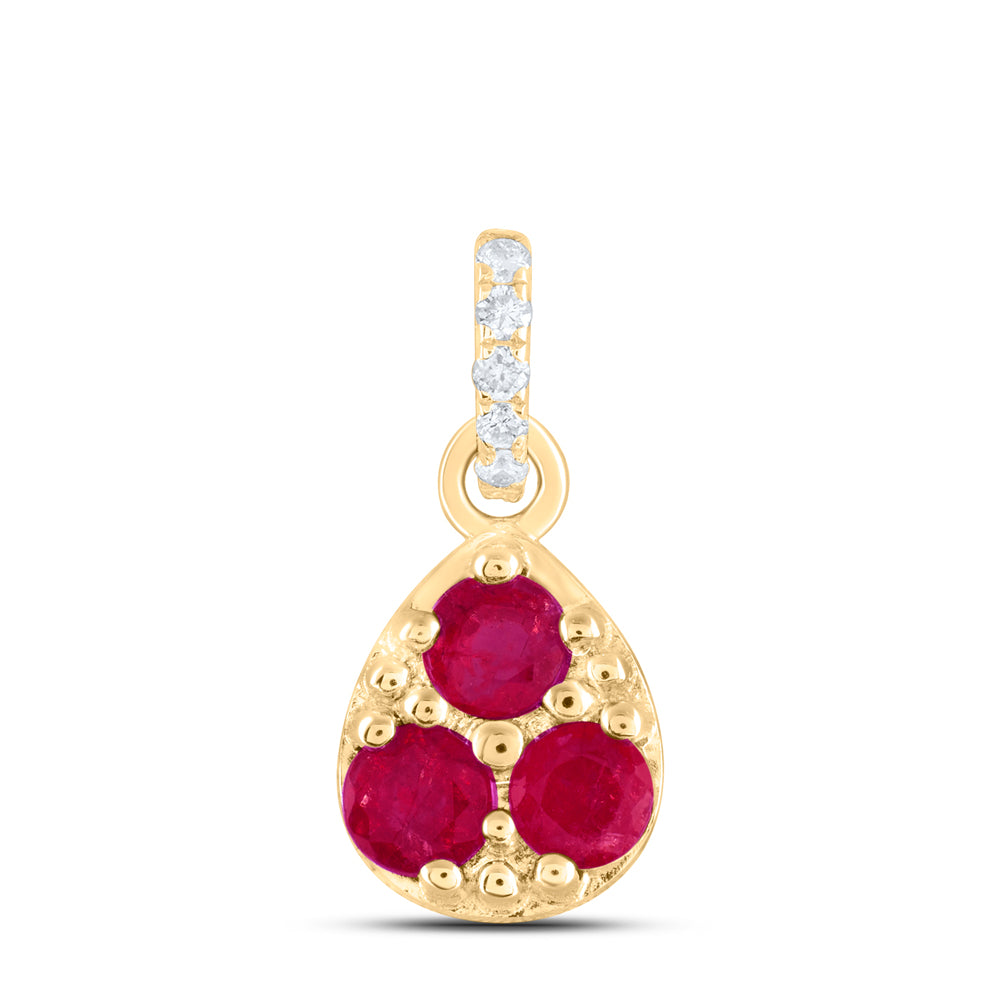 0.33 Ctw Natural Diamond Teardrop Three Red Pendant in 14k Yellow Gold