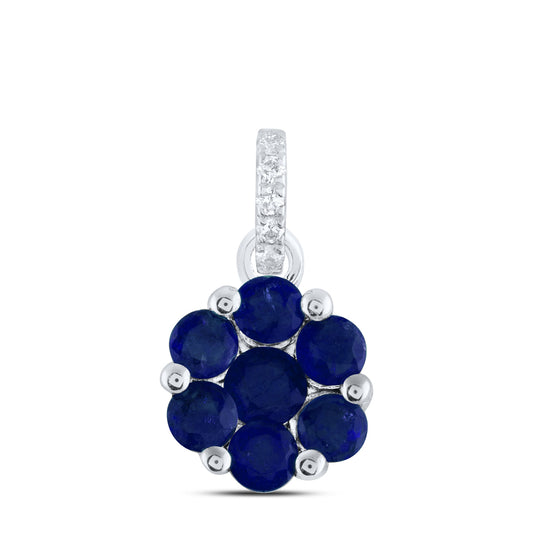 0.5 Ctw Natural Diamond Flower Blue Pendant in 14k White Gold